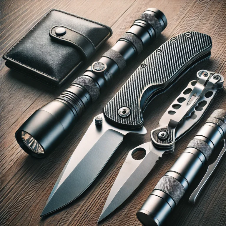 configuración edc (everyday carry) moderna, que incluye una elegante navaja de bolsillo, una linterna compacta, una billetera minimalista, un llavero