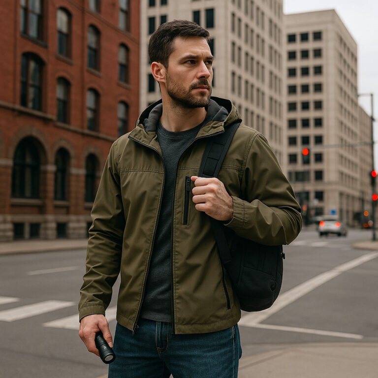 supervivencia urbana y edc preparación para lo inesperado representado con un hombre y su mochila en una cuidad